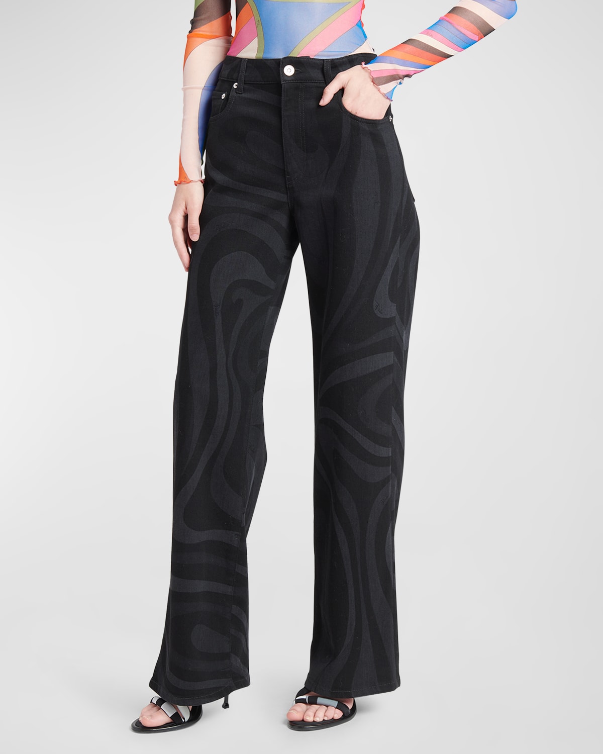 Emilio Pucci High-rise Wavy-print Straight-leg Denim Trousers In Nero