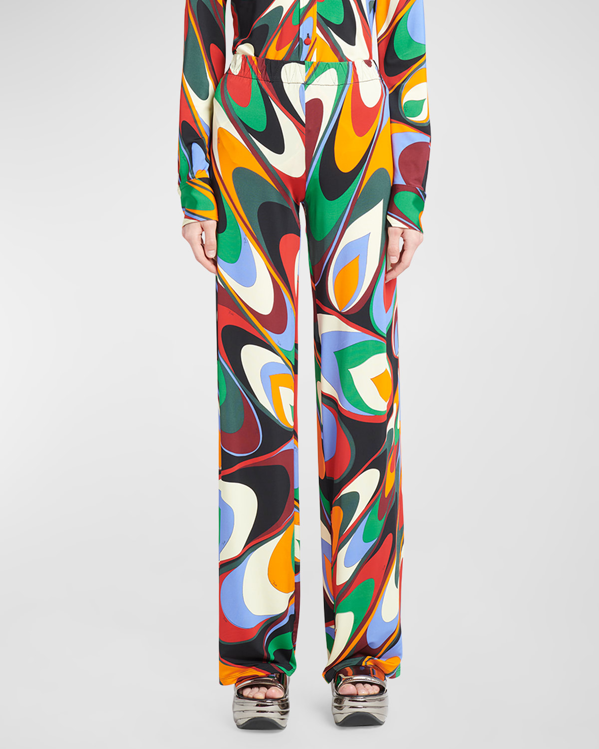 Emilio Pucci Mid-rise Wavy-print Straight-leg Pull-on Pants In Arancioverde