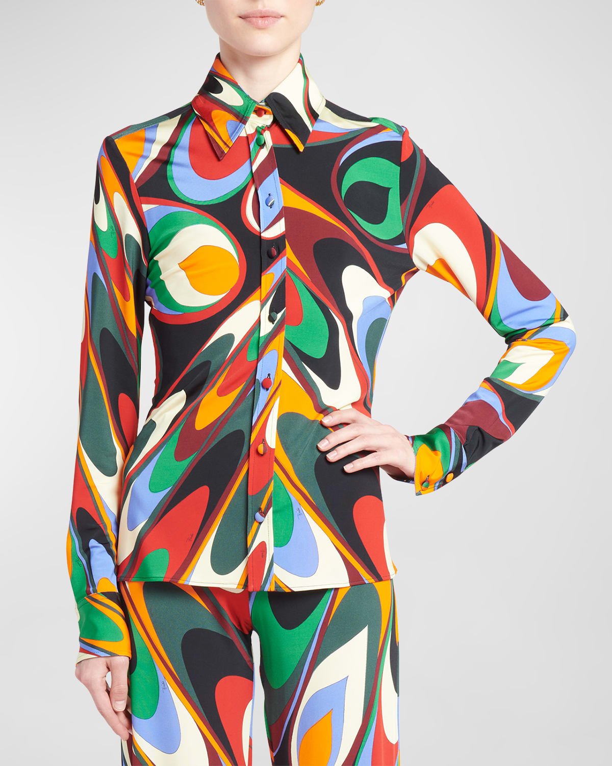 Emilio Pucci Abstract-print Collared Shirt In Arancioverde