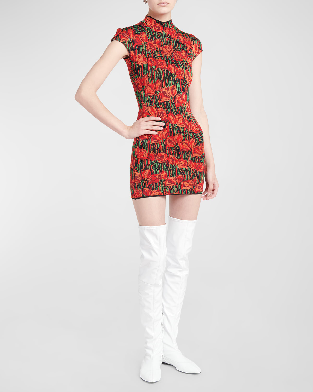 Shop Emilio Pucci Floral Knit Mock-neck Cap-sleeve Mini Dress In Arancionero