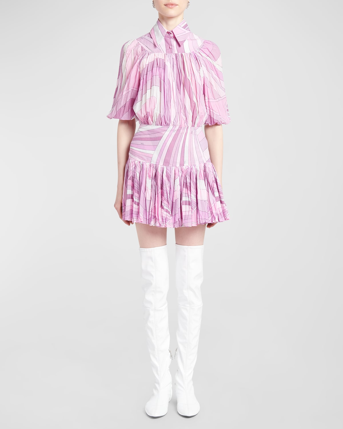 Shop Emilio Pucci Abstract-print Pleated Puff-sleeve Mini Shirtdress In Peonia