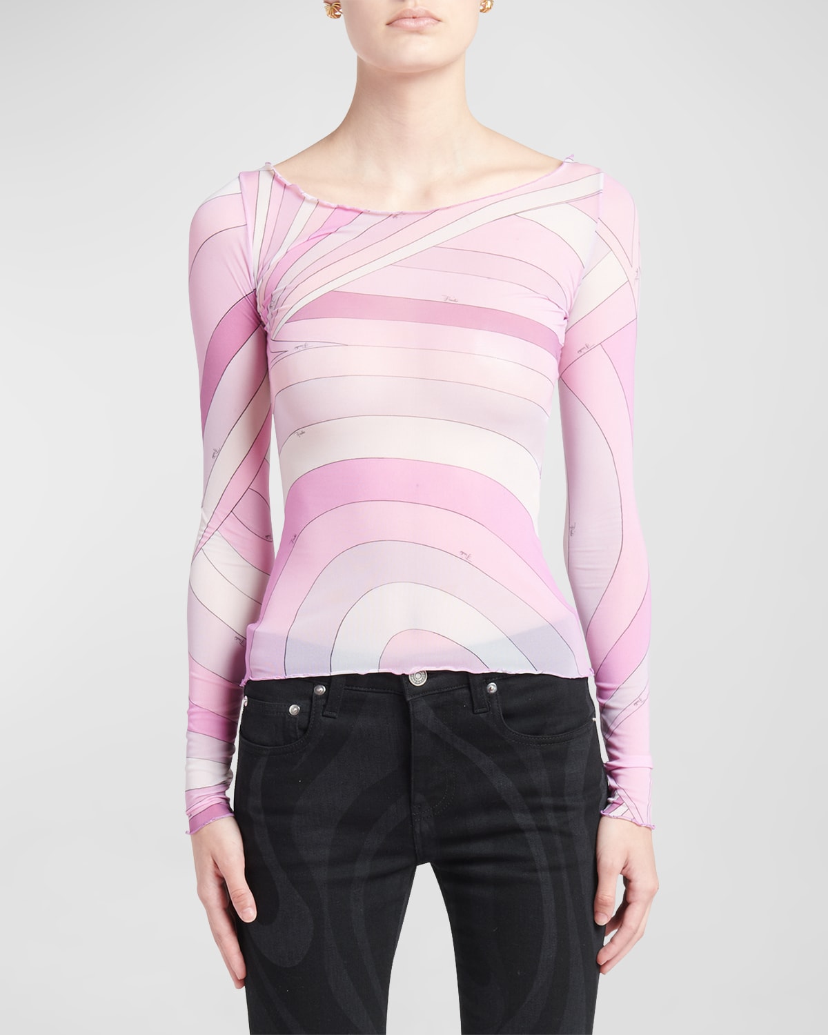 Emilio Pucci Abstract-print Long-sleeve Mesh T-shirt In Peonia