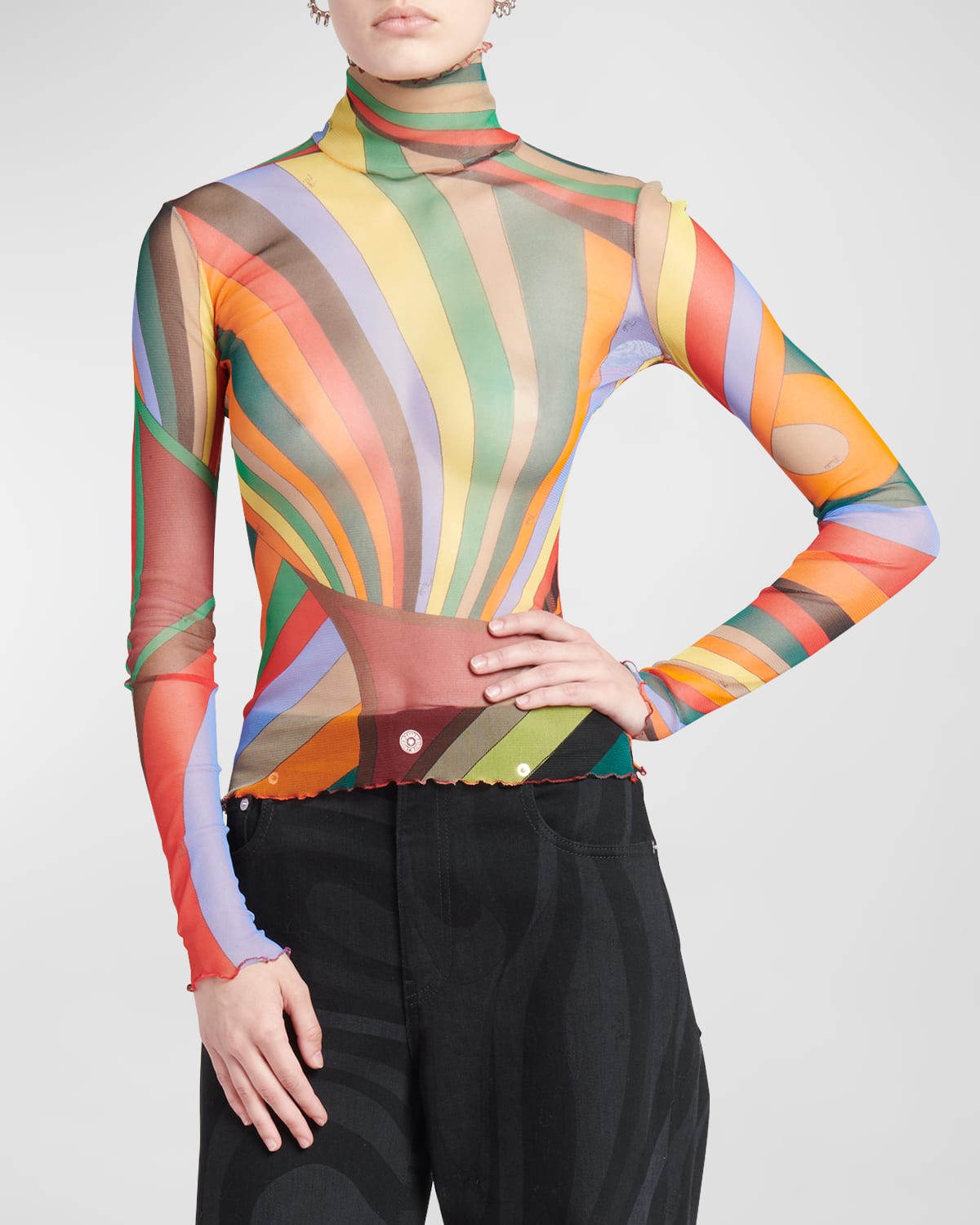 Emilio Pucci Abstract-print Turtleneck Long-sleeve Mesh T-shirt In Arancio Verde