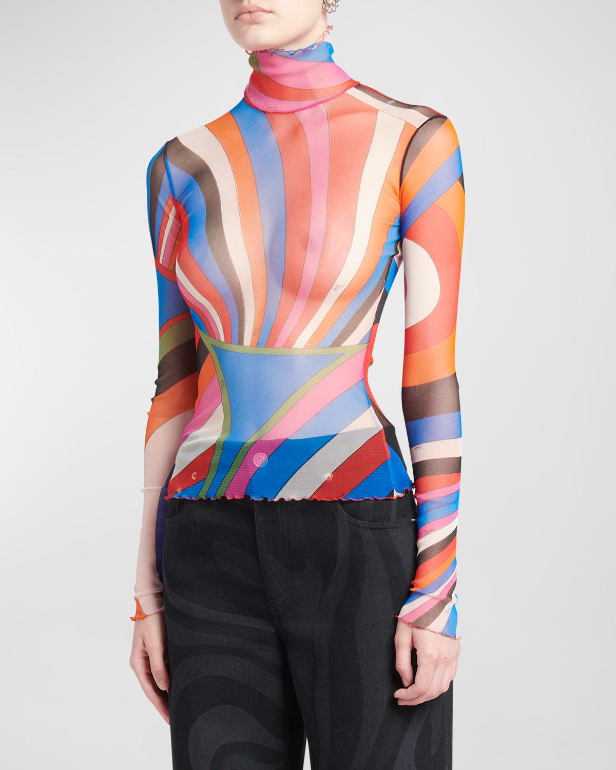 Abstract print Turtleneck Long sleeve Mesh T shirt In Bluefuschia