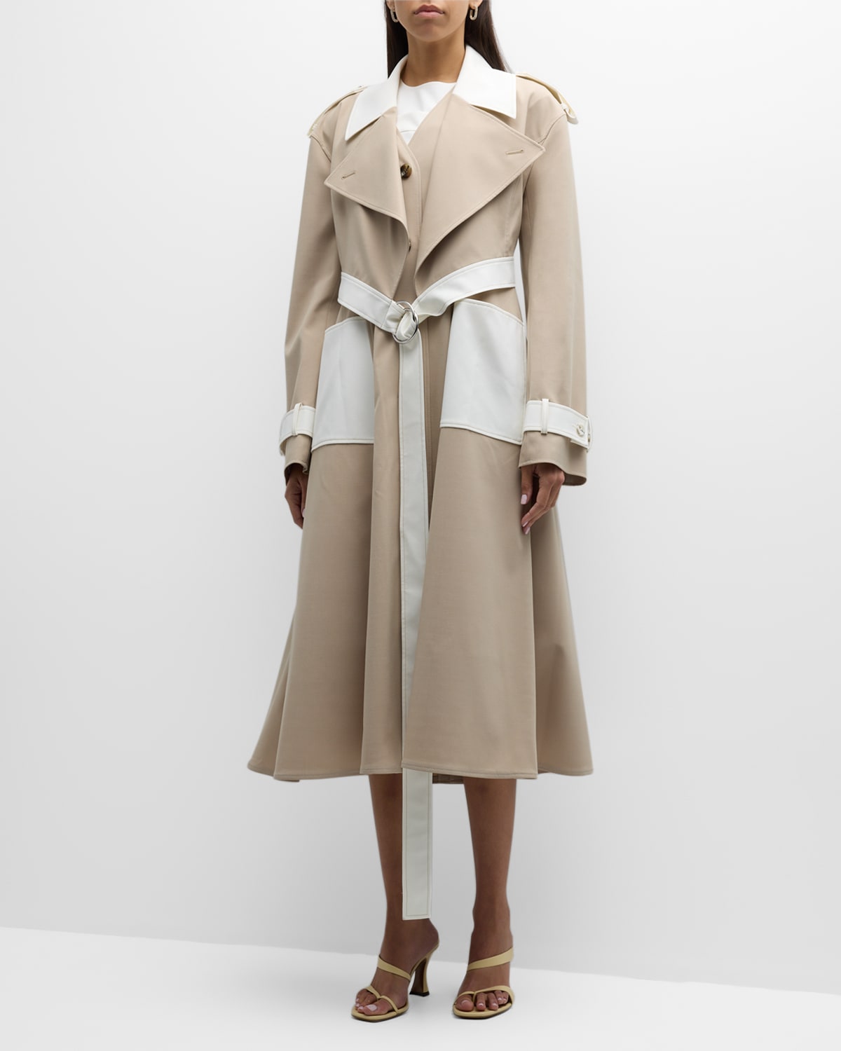 Adeam Carolyn Bi-color Belted A-line Trench Coat In Taupe
