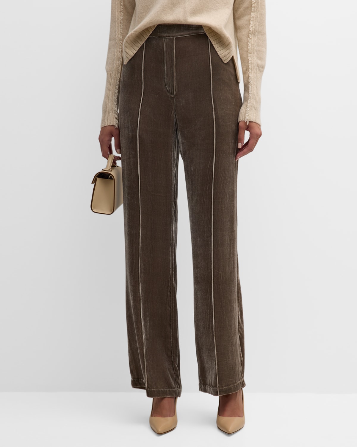 Neiman Marcus Tama High-rise Straight-leg Velvet Trousers In Echo Grey