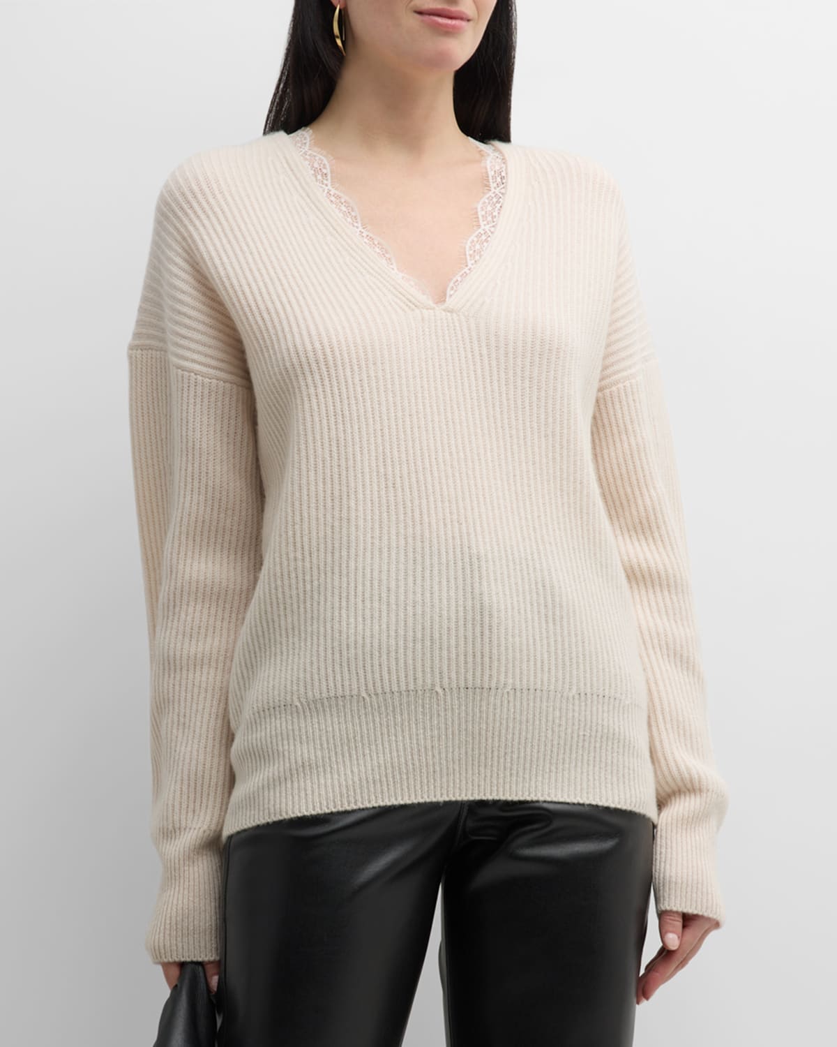 Neiman Marcus Ava Ribbed Lace-trim Wool-cashmere Jumper In Almond Combo