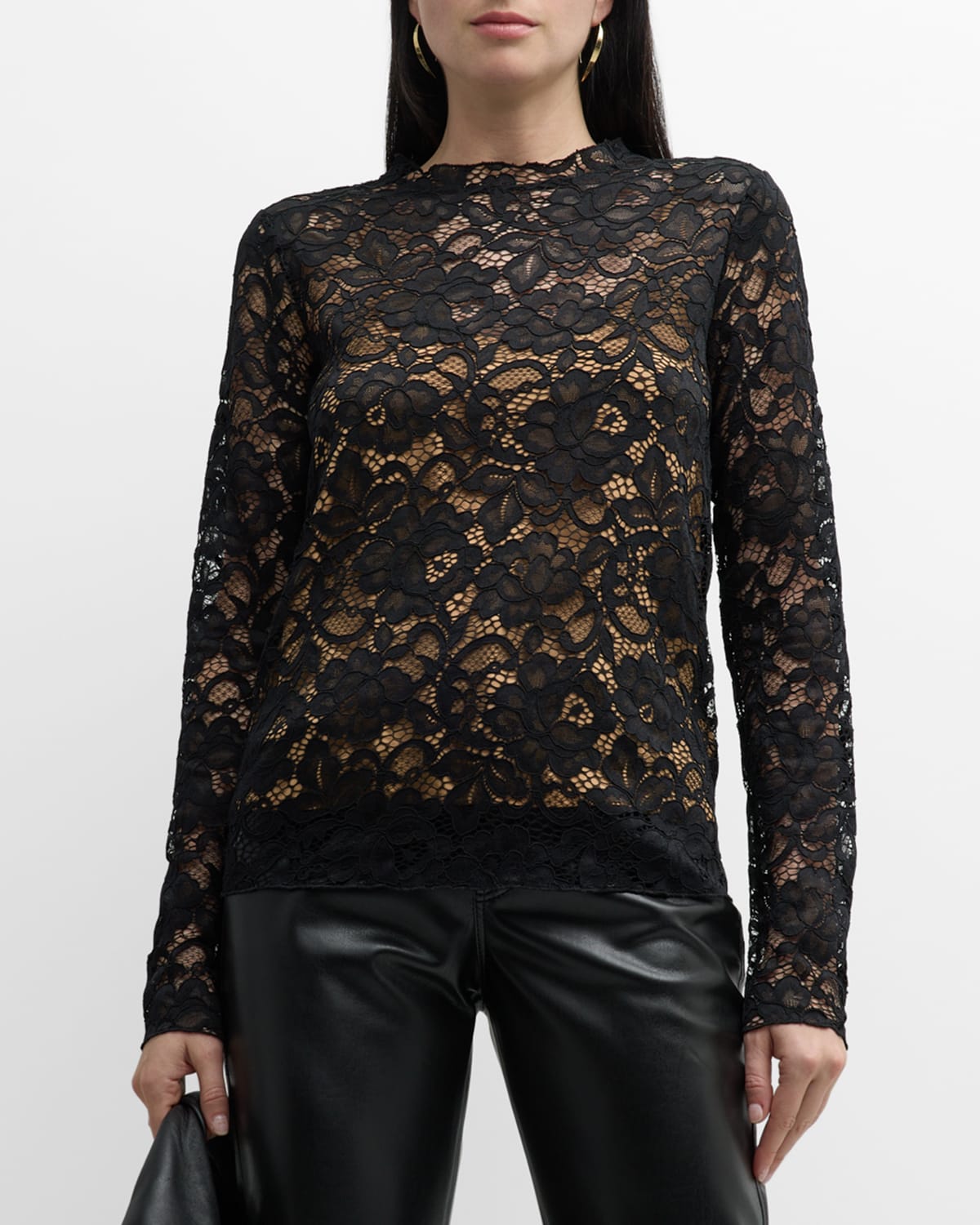 Neiman Marcus Donne Crewneck Floral Lace Top In Black Onyx