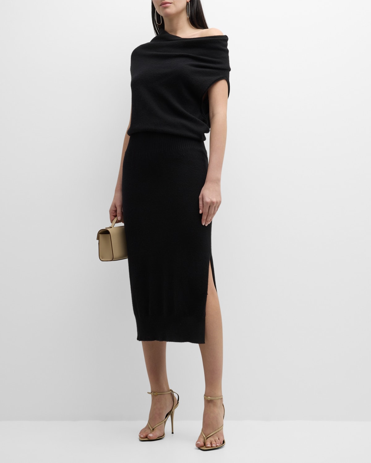 Shop Brochu Walker Lori One-shoulder Side-slit Knit Midi Dress In Black Onyx