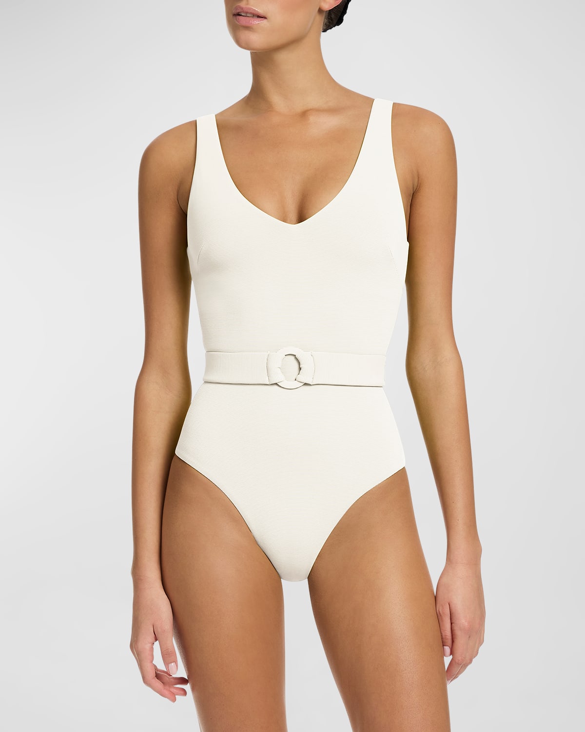 Shop Jets Australia V-neck Belted One-piece Swimsuit In Cream