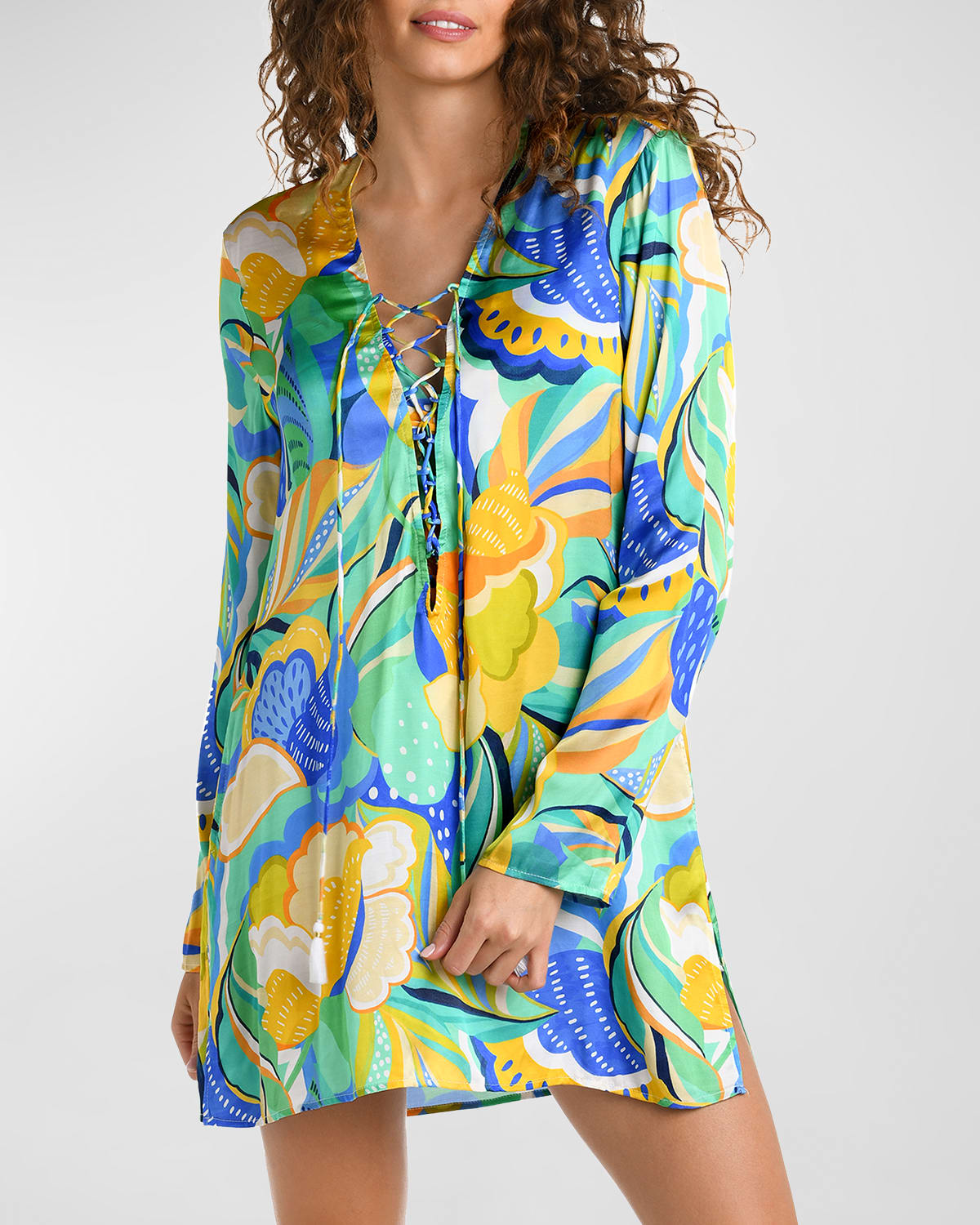 Shop La Blanca Lace-up V-neck Tunic Coverup In Multi