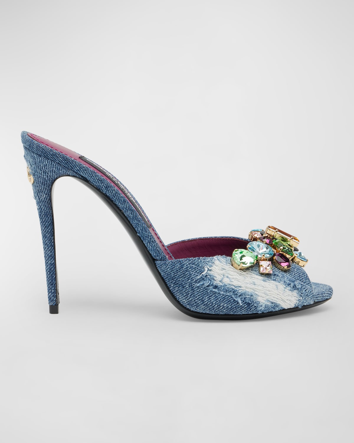Dolce & Gabbana Denim Multicolored Crystal Stiletto Mules In Blue Multi