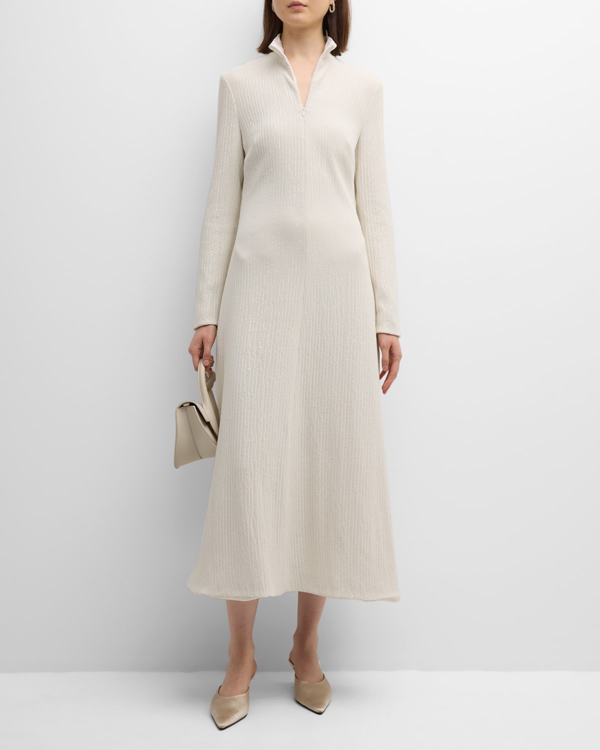 Sequin Zip-Front Long-Sleeve Midi Dress
