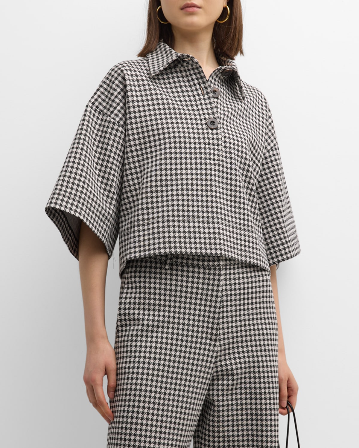 Shop Rosetta Getty Gingham Crop Oversized Polo Shirt In Blackivory