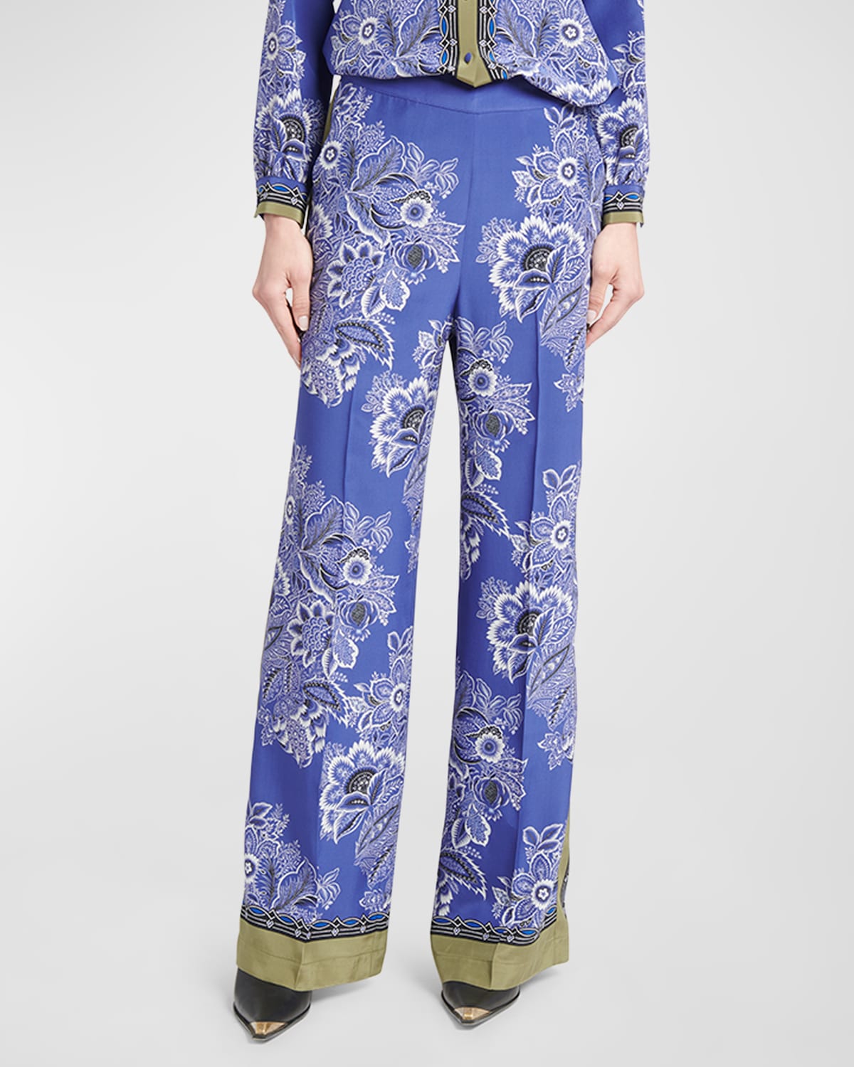Etro High-rise Bandana Border-print Wide-leg Silk Pull-on Pants In Print On Blue Bas