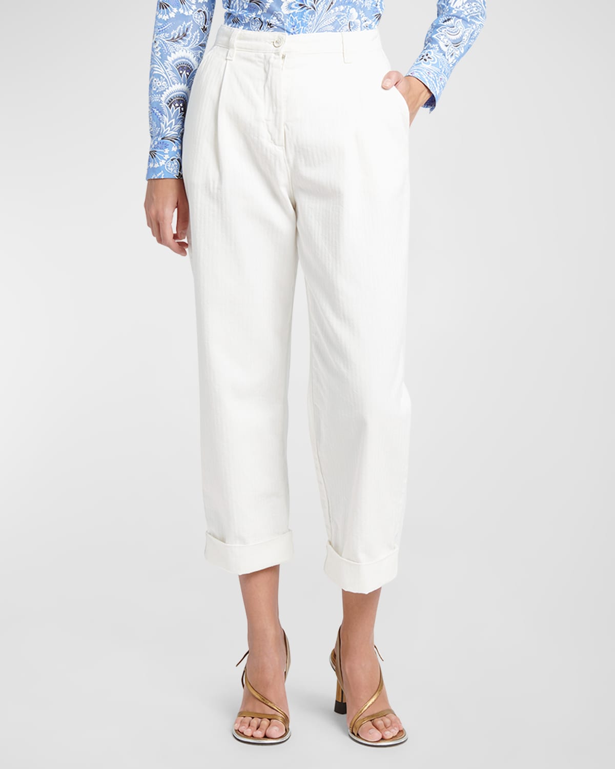Etro Mid-rise Pleated Straight-leg Crop Garment Dye Trousers In Wntr White