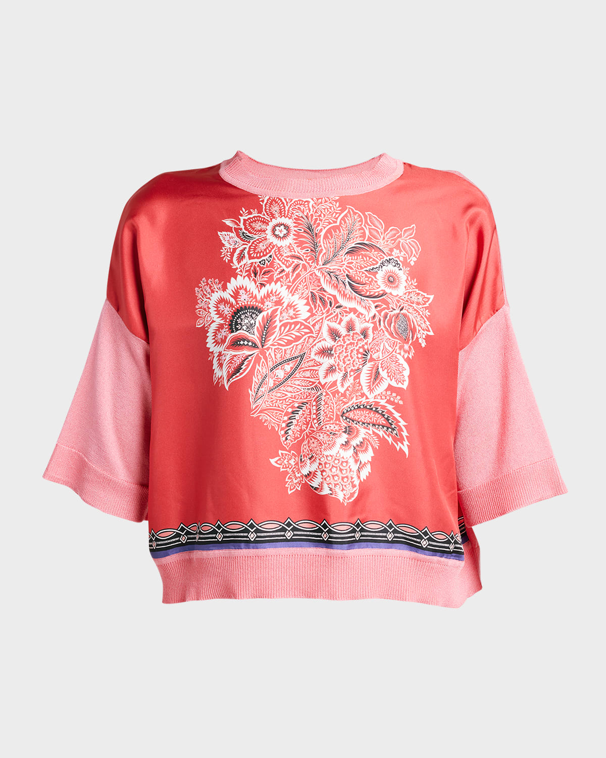 Etro Bandana Print Silk Knit Combo Sweater In Print On Red Base