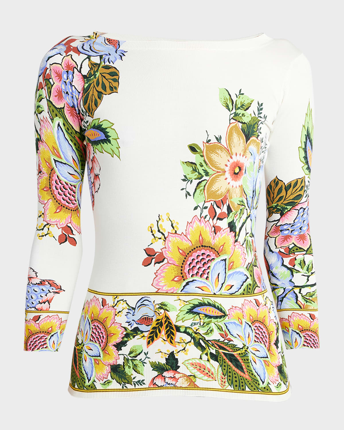 Etro Multicolored Floral Print Silk Blend Sweater In Print On White Ba