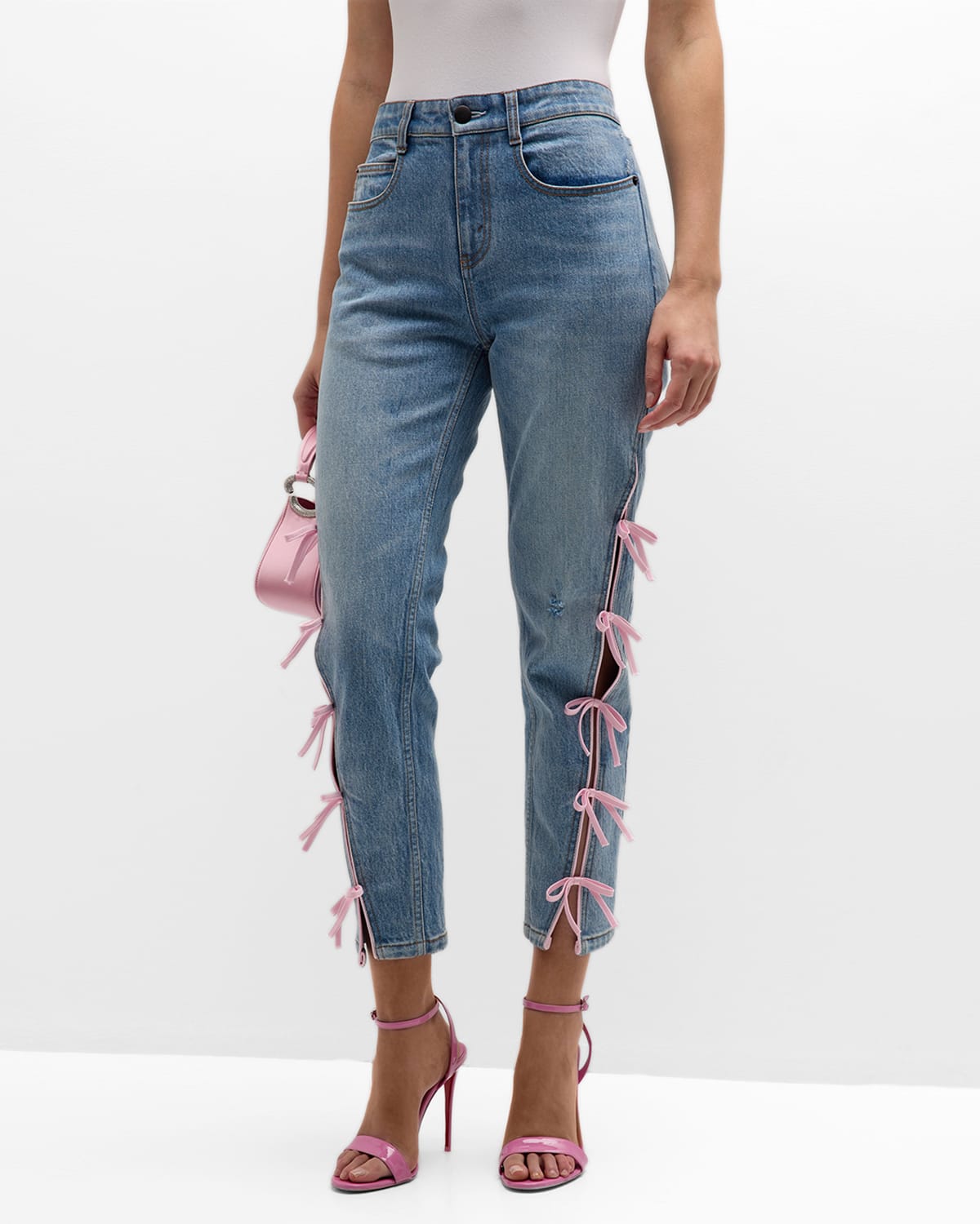 Hellessy Janelle Distressed Skinny Jeans With Ribbon Detail In Medium Wash