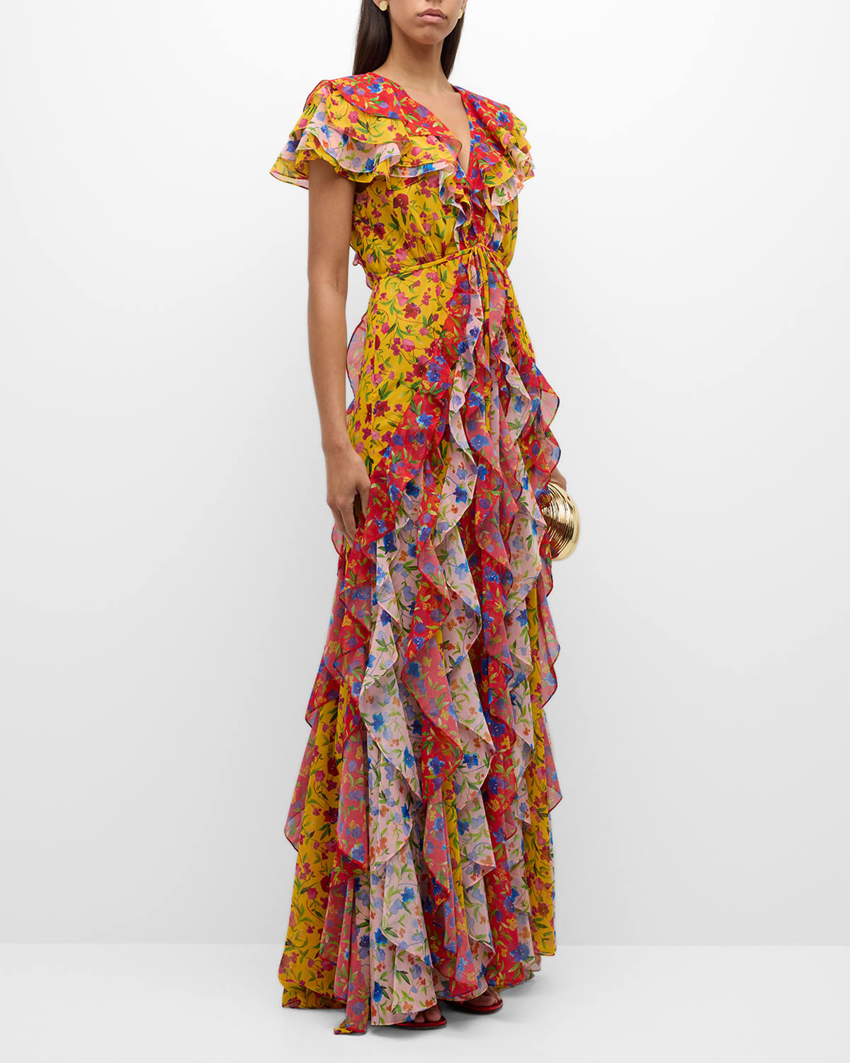 Floral Print Ruffled Gown