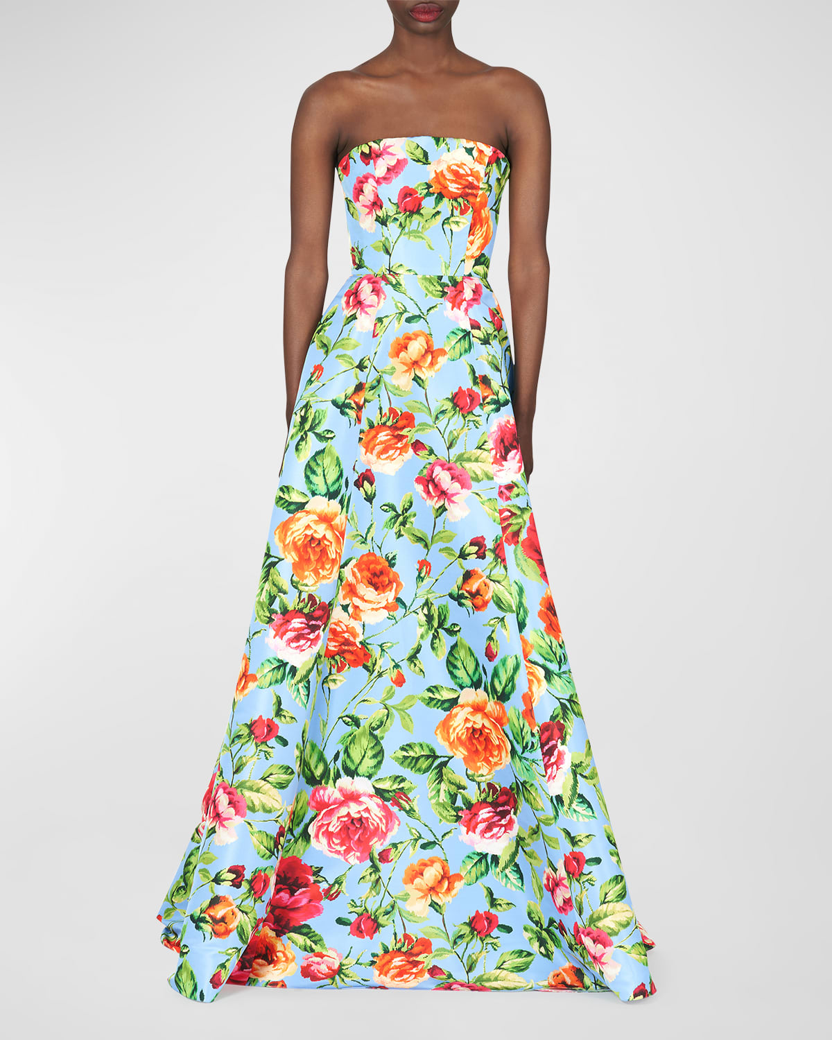 Shop Carolina Herrera Floral-print Strapless Gown In Lake Blue Multi