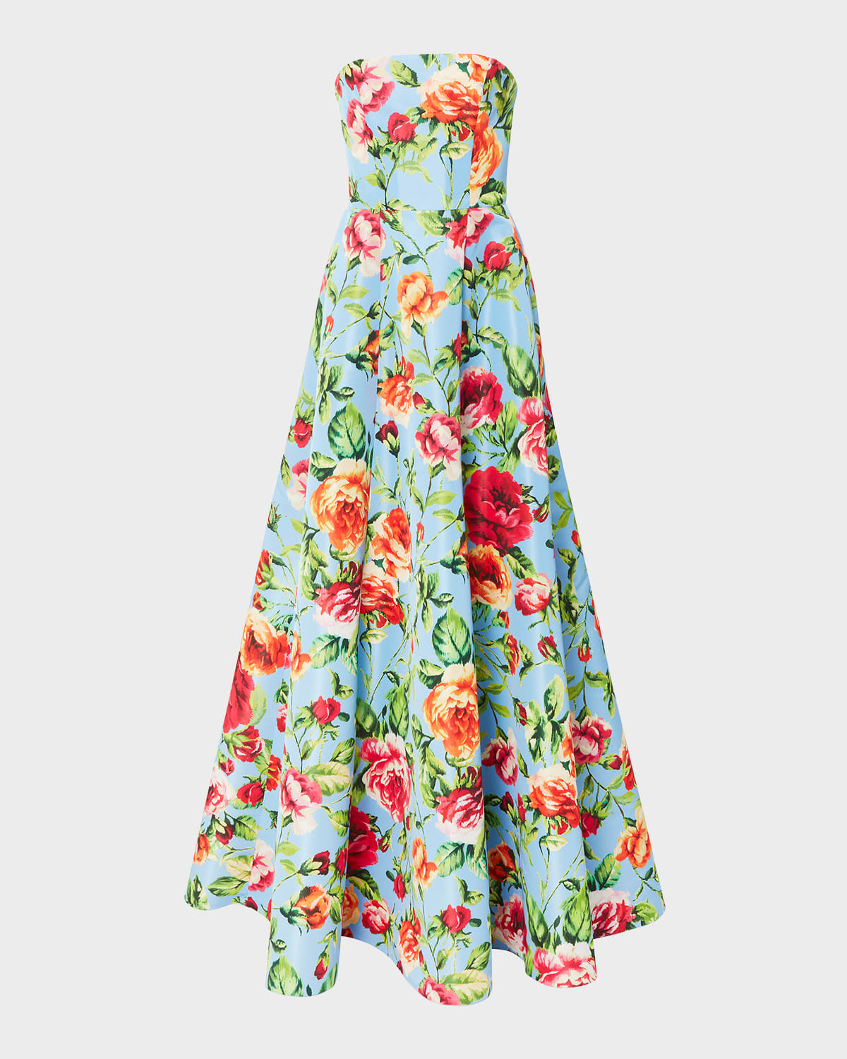 Shop Carolina Herrera Floral-print Strapless Gown In Lake Blue Multi