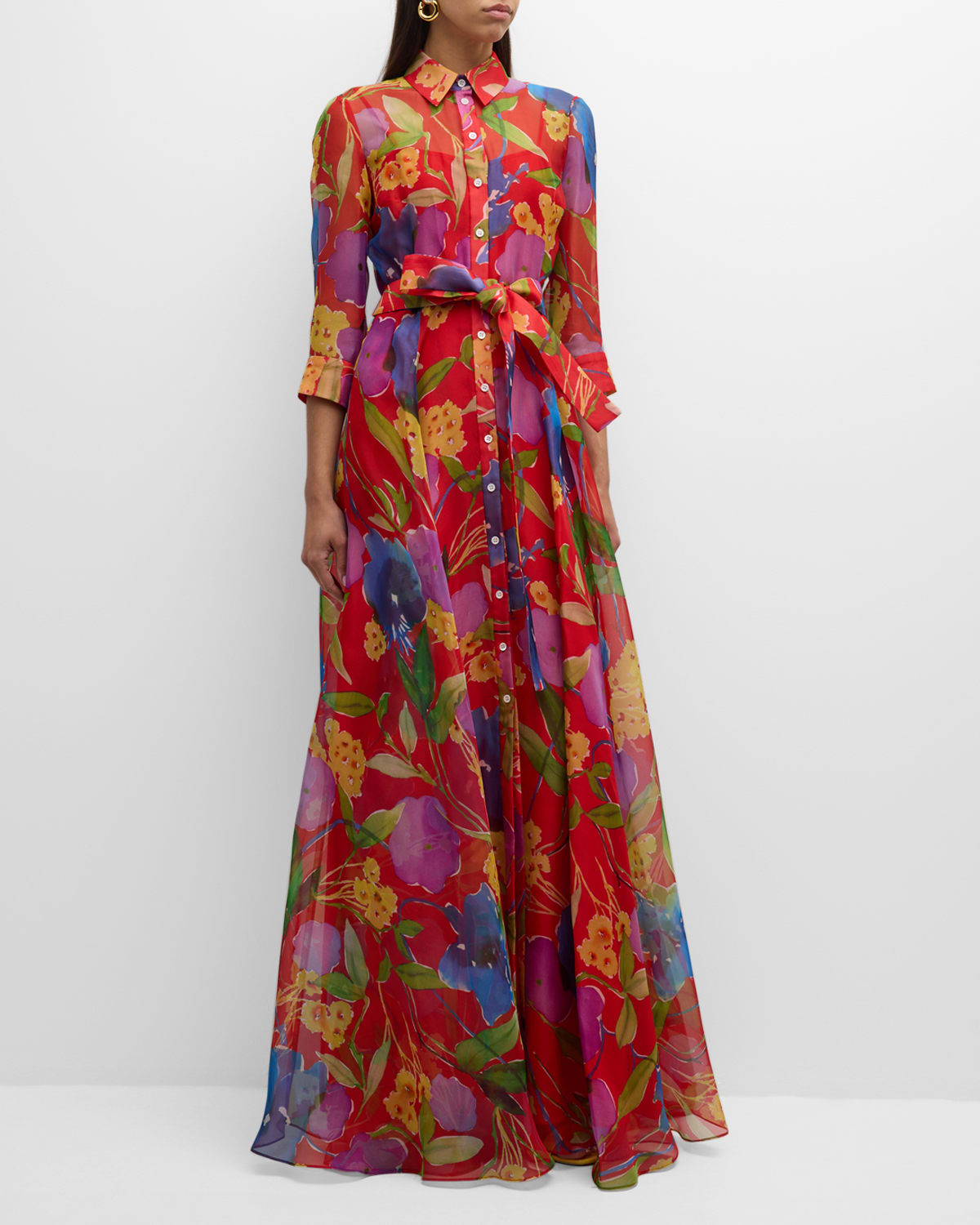 Shop Carolina Herrera Floral-print Belted Trench Gown In Lacquer Red Mul