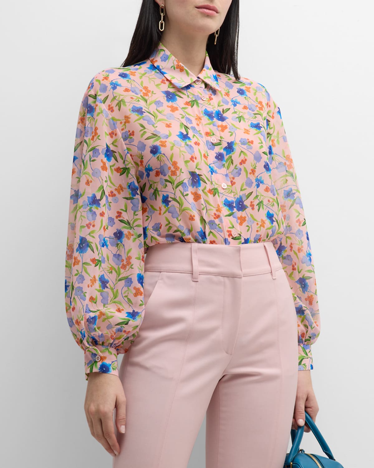 Carolina Herrera Floral-print Button-front Top With Balloon Sleeves In Blush Multi