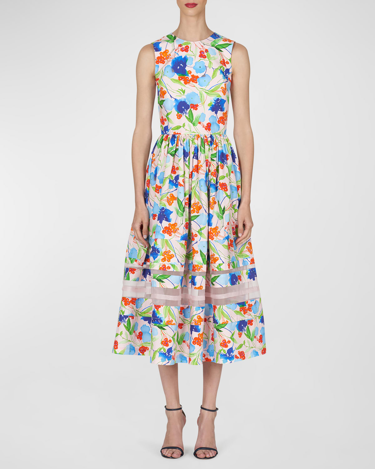 Shop Carolina Herrera Floral-print Midi Dress With Organza Detail In Blush Multi