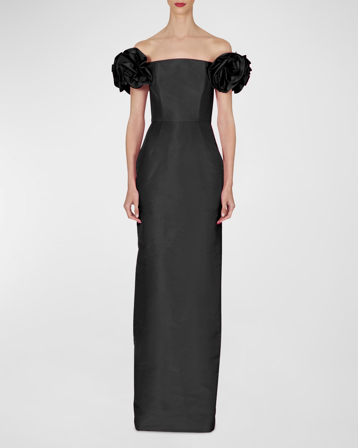 Carolina Herrera Off Shoulder Column Gown With Flower Detail In Black