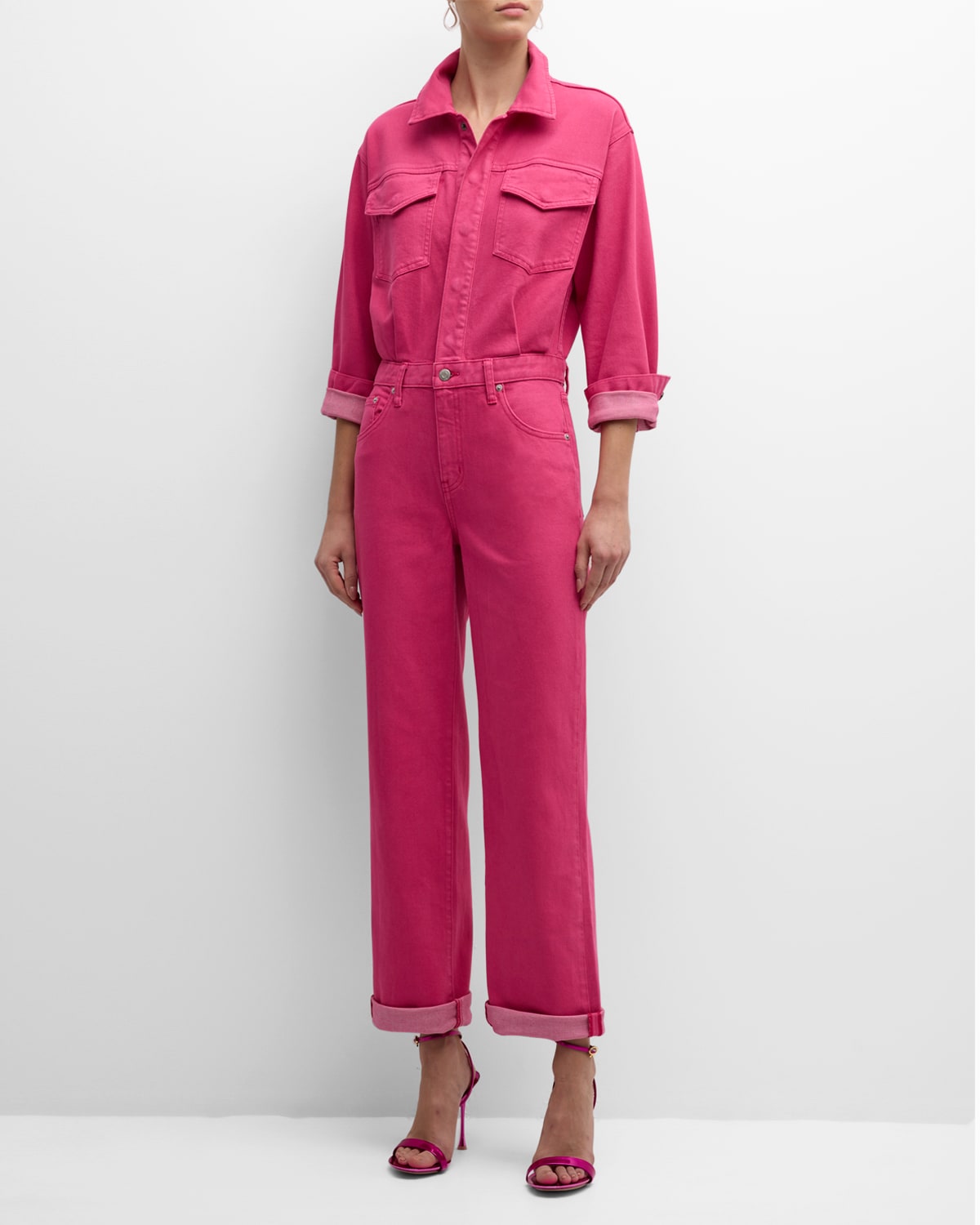 Shop Pistola Nikkie Long-sleeve Denim Jumpsuit In Pink Garnet