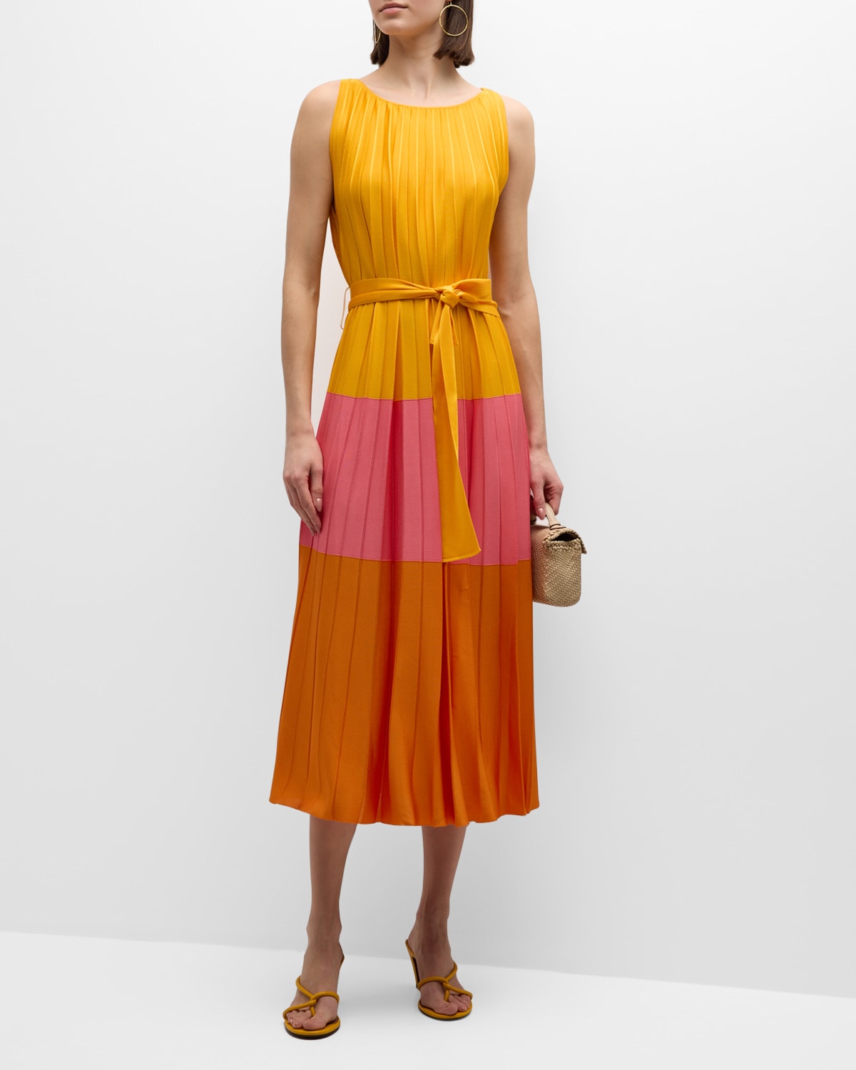 Colorblock Pleated Knit Maxi Dress with Tie Belt