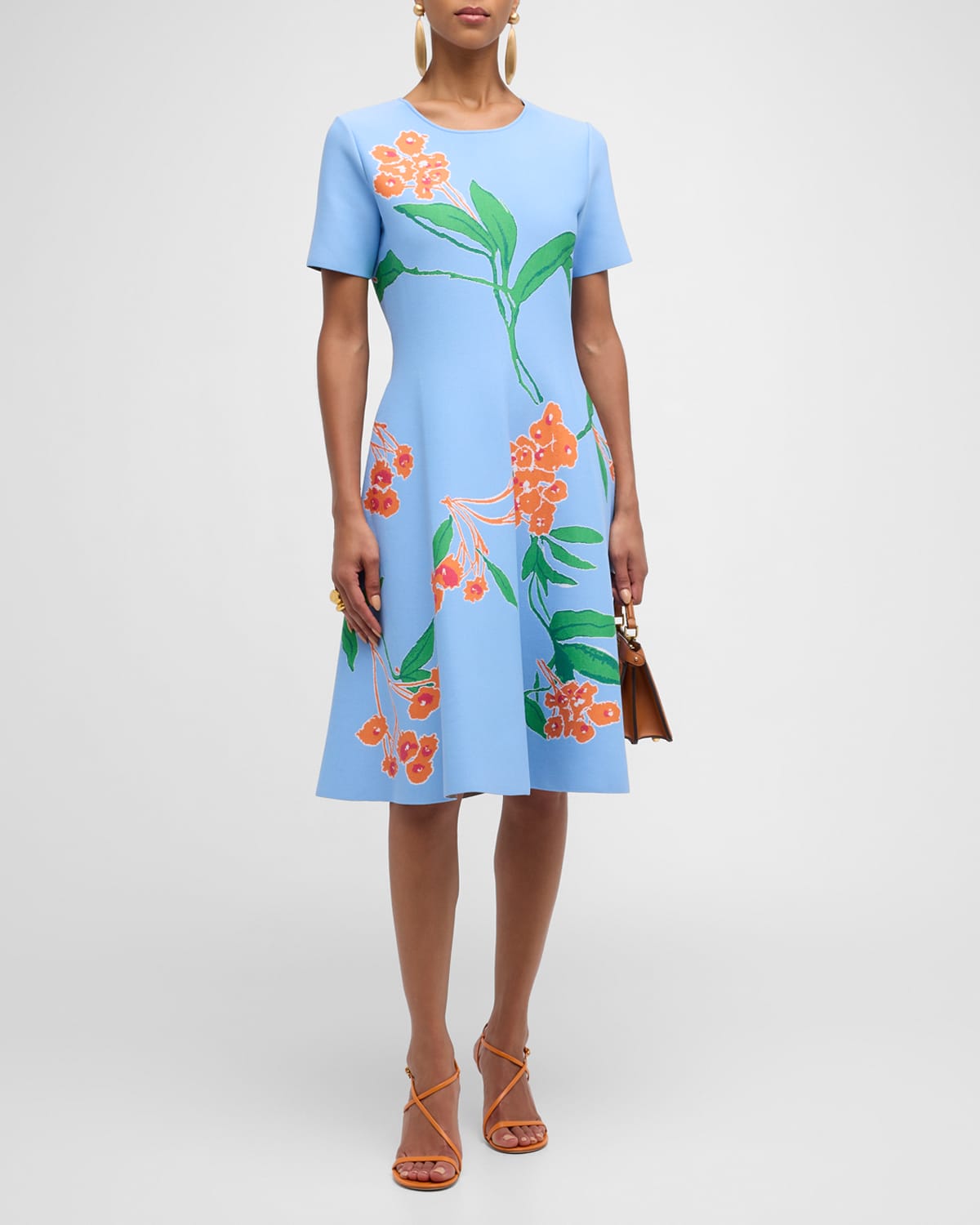 Shop Carolina Herrera Floral Intarsia-knit Flare Dress In Lake Blue Multi