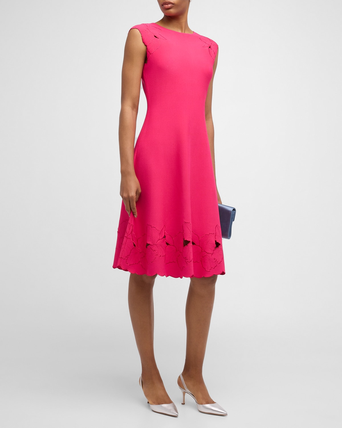 Shop Carolina Herrera Knit Flare Dress With Floral Embroidery In Begonia