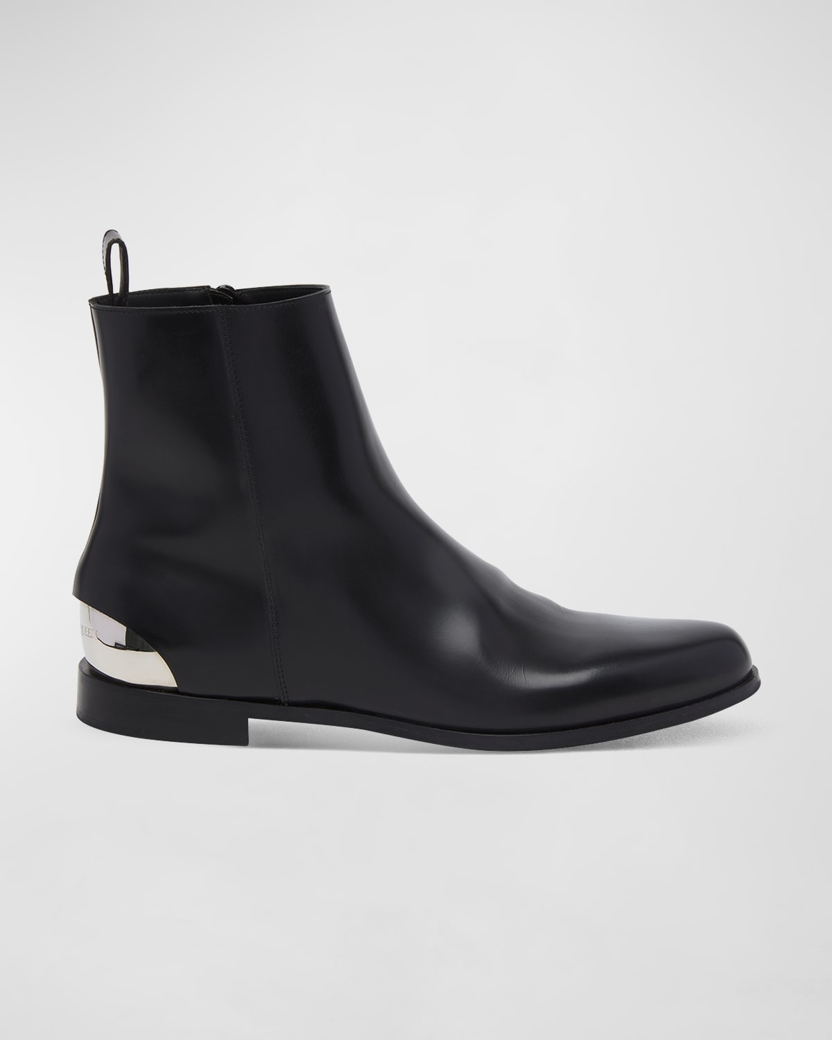 Shop Alexander Mcqueen Men's Metal-heel Leather Ankle Boots In Black Silver