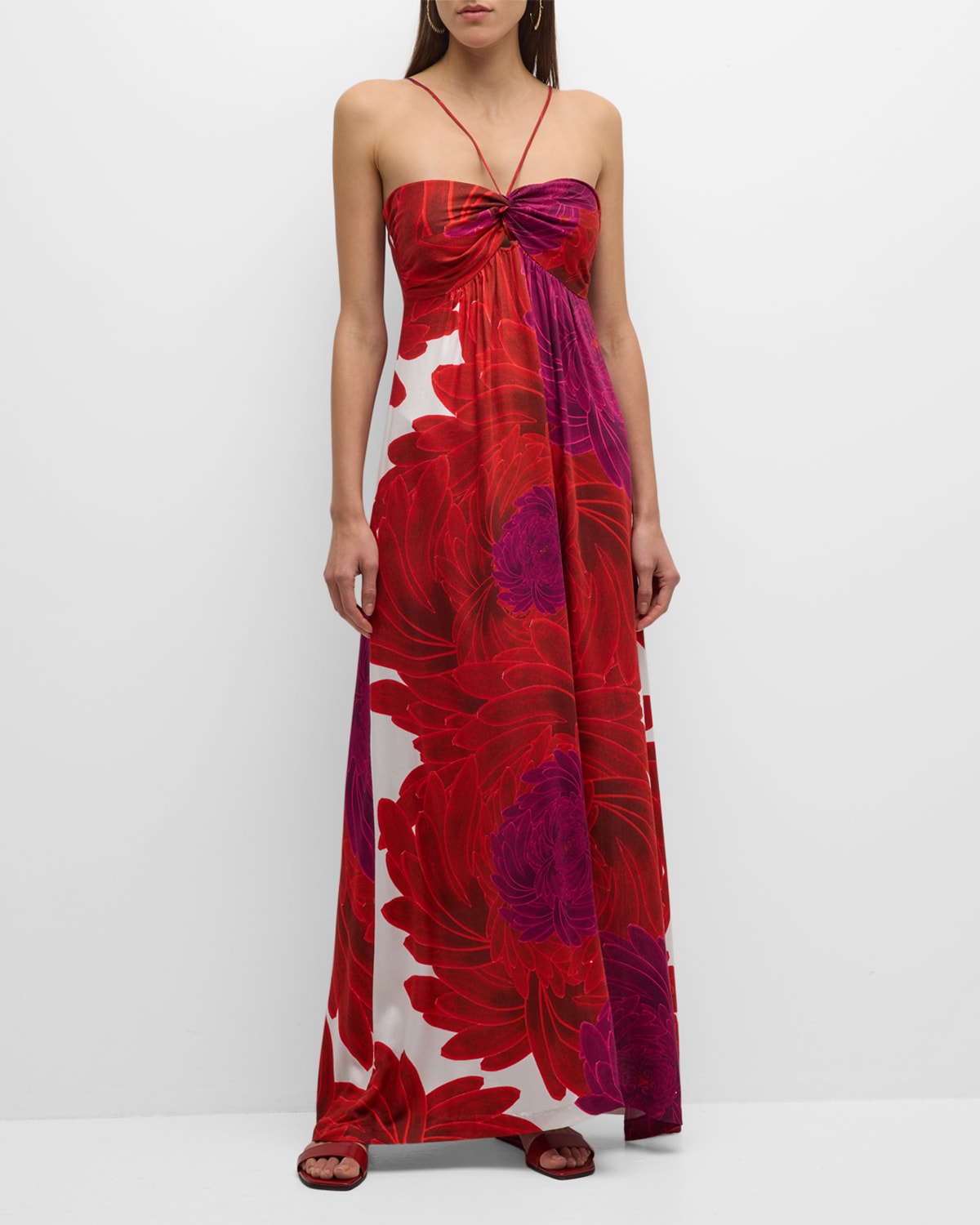 Themis Z Rhea Sleeveless Floral-print Halter Maxi Dress In White Red Magenta