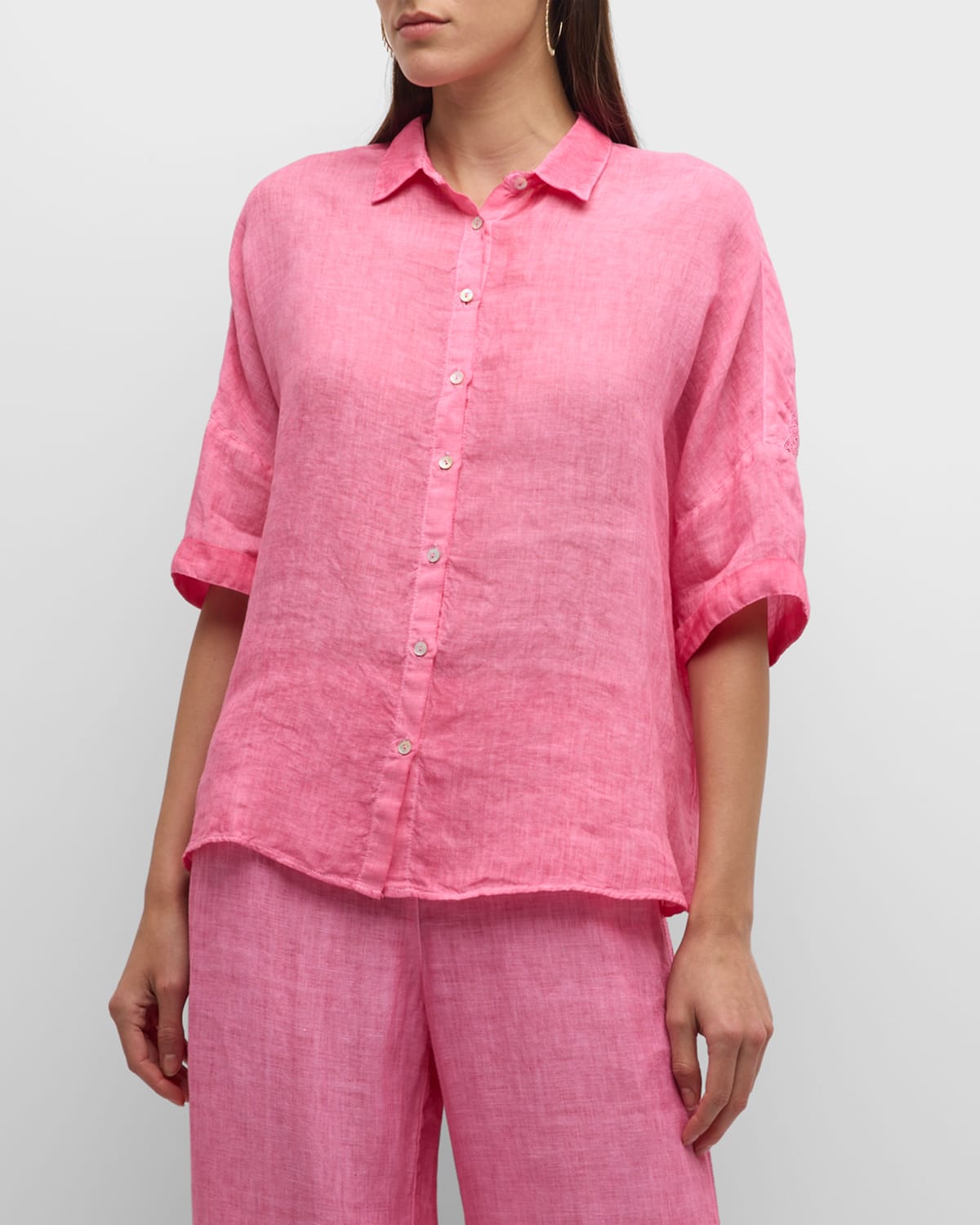 120% Lino Button-down Embroidered Linen Blouse In Fuxia Soft Fade