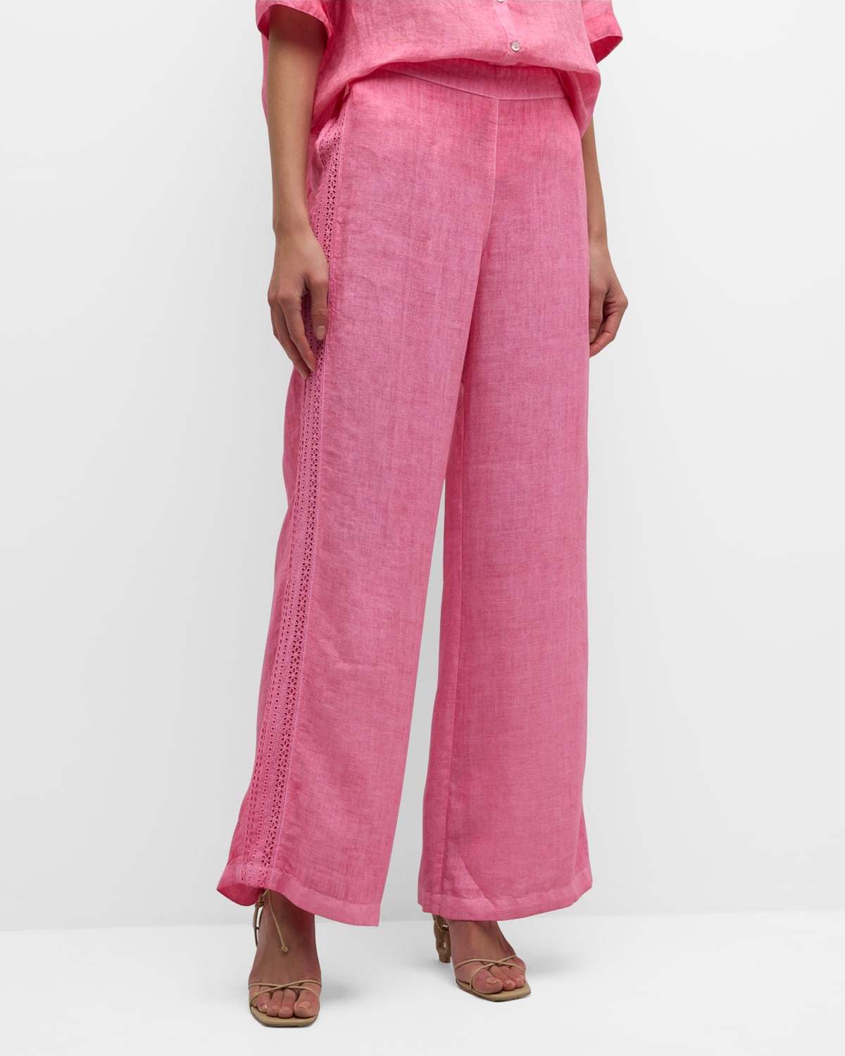120% Lino Embroidered Wide-leg Linen Pants In Fuxia Soft Fade
