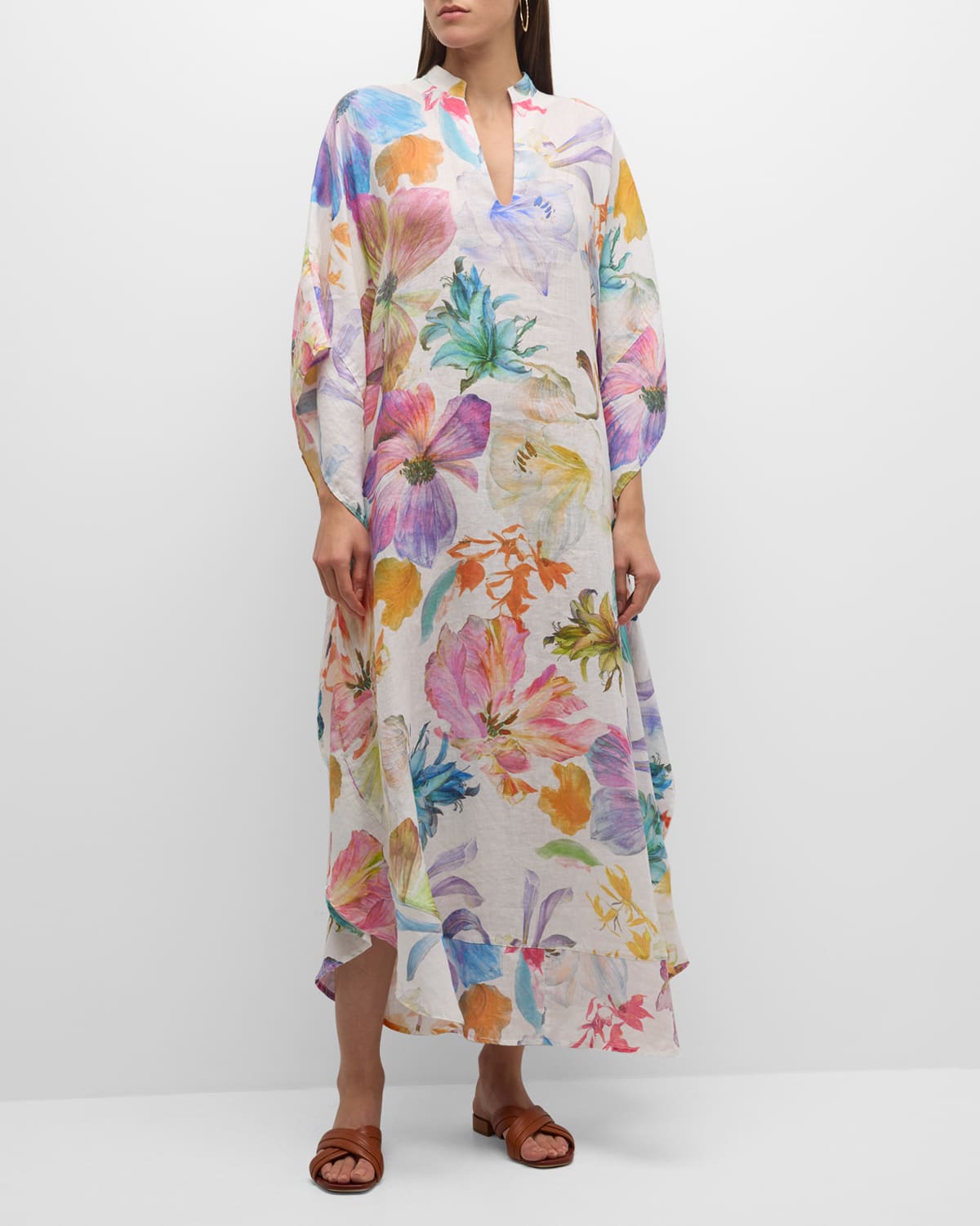 Shop 120% Lino Split-neck Floral-print Linen Caftan In Maxi Floral