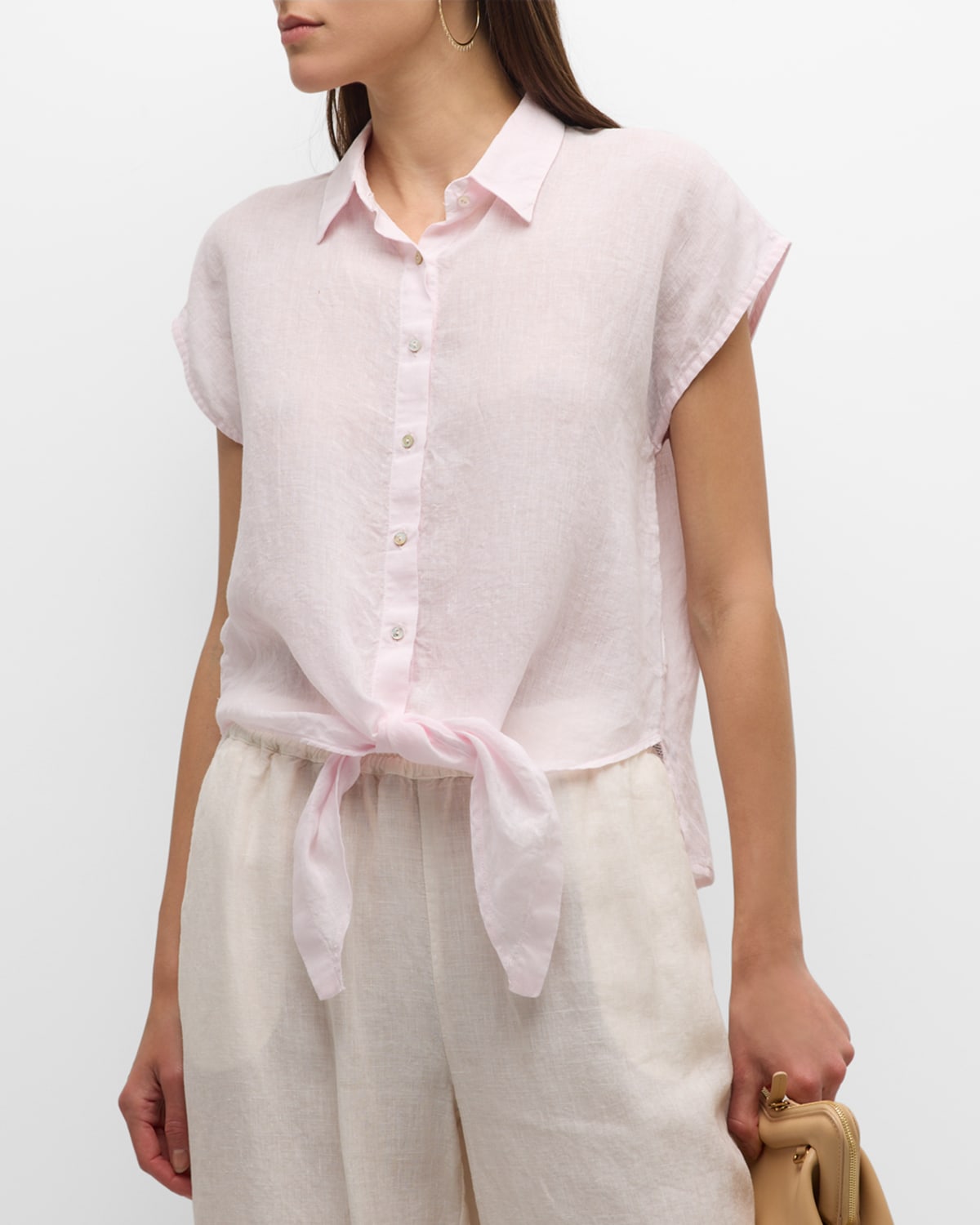 120% Lino Tie-front Button-down Linen Shirt In Crystal Pink