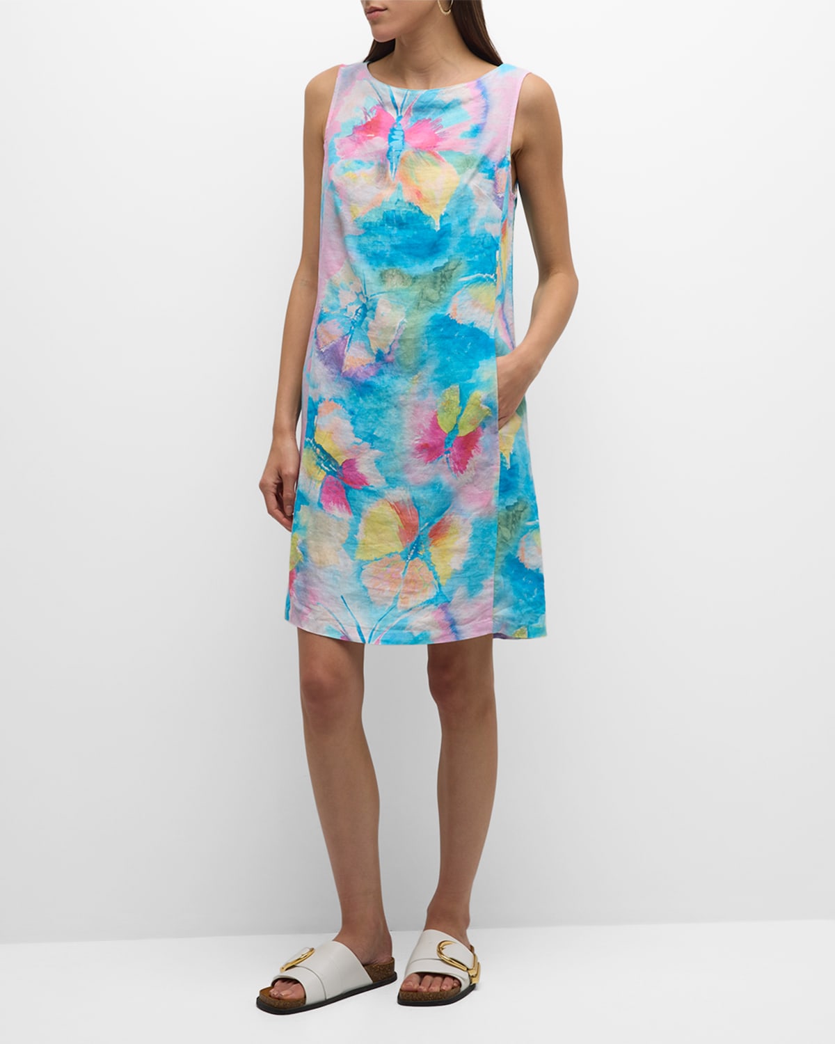 120% Lino Sleeveless Butterfly-print Linen Mini Dress In Faded Butterfly