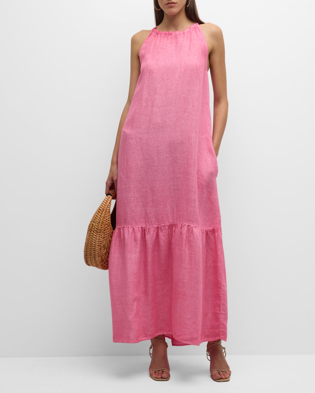 Shop 120% Lino Sleeveless Linen Halter Maxi Dress In Fuxia Soft Fade