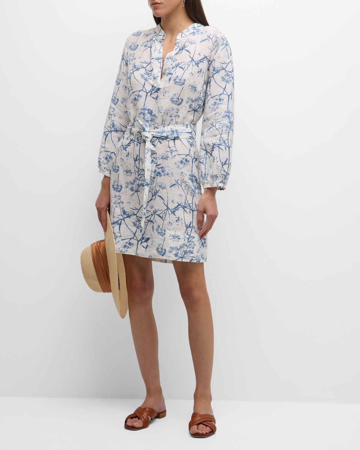 120% Lino Floral-print Blouson-sleeve Linen Mini Dress In Blue Print