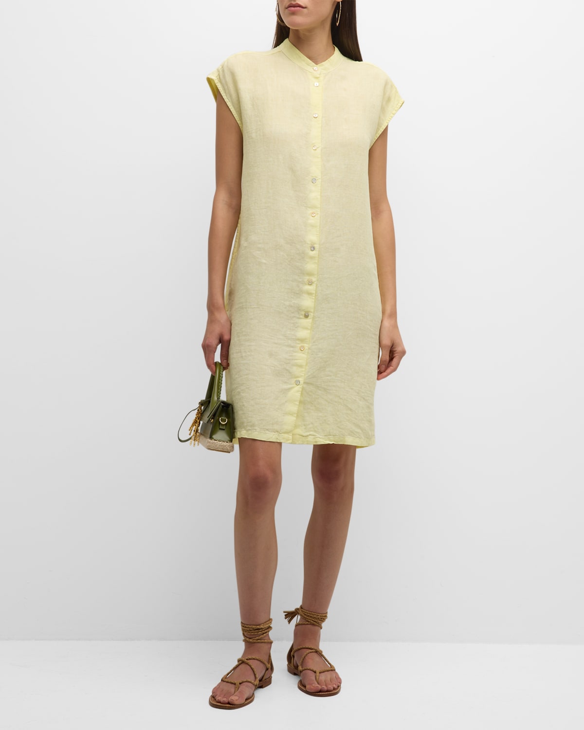 120% Lino Cap-sleeve Button-down Linen Mini Dress In Yellow