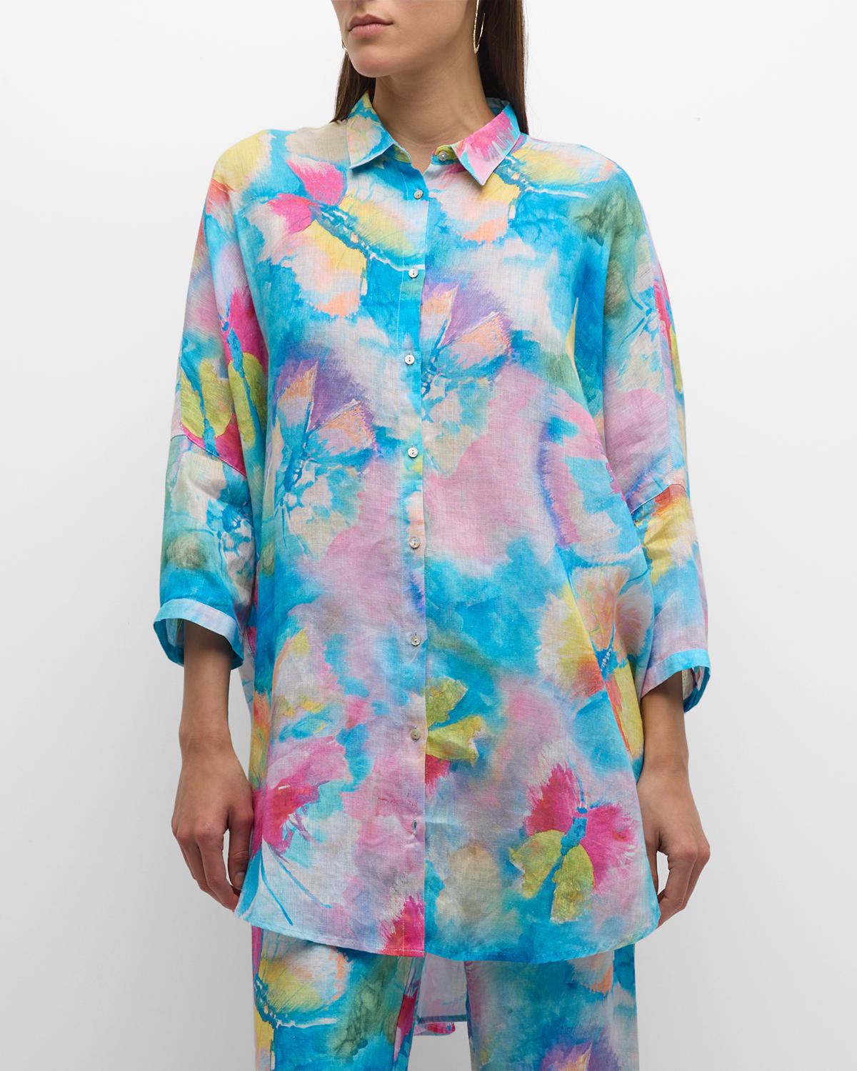 120% Lino Oversized Butterfly-print Linen Shirt In Faded Butterfly