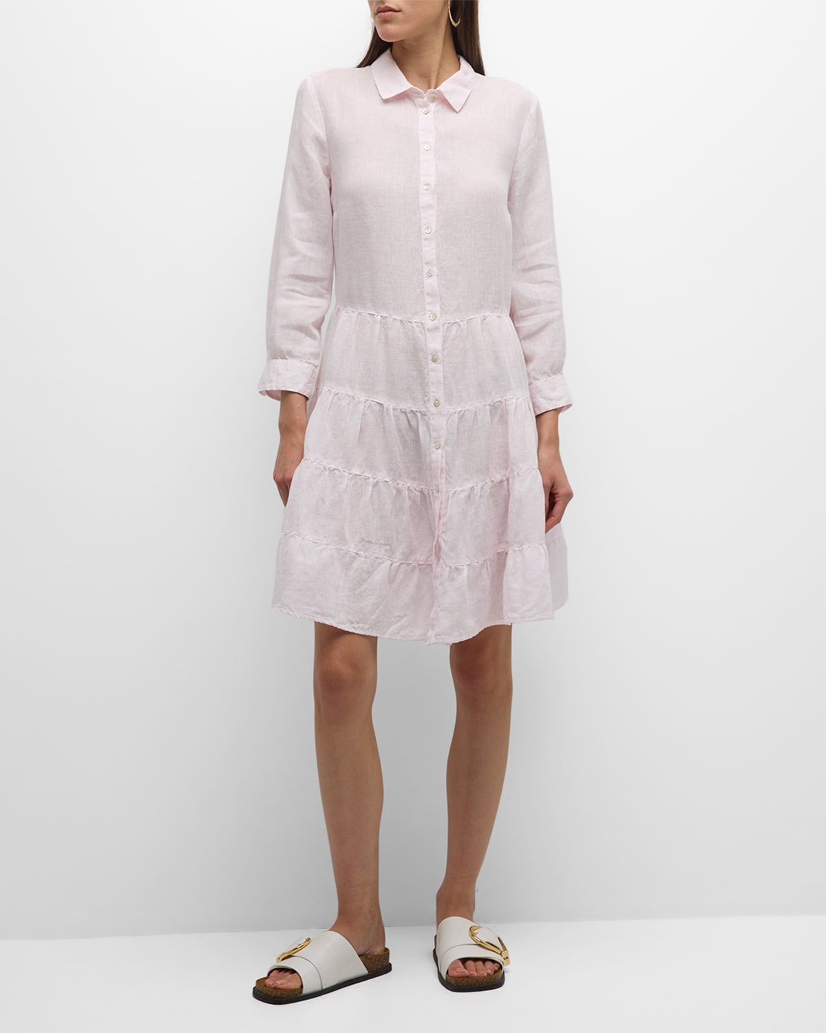 120% Lino Tiered 3/4-sleeve Linen Mini Shirtdress In Crystal Pink