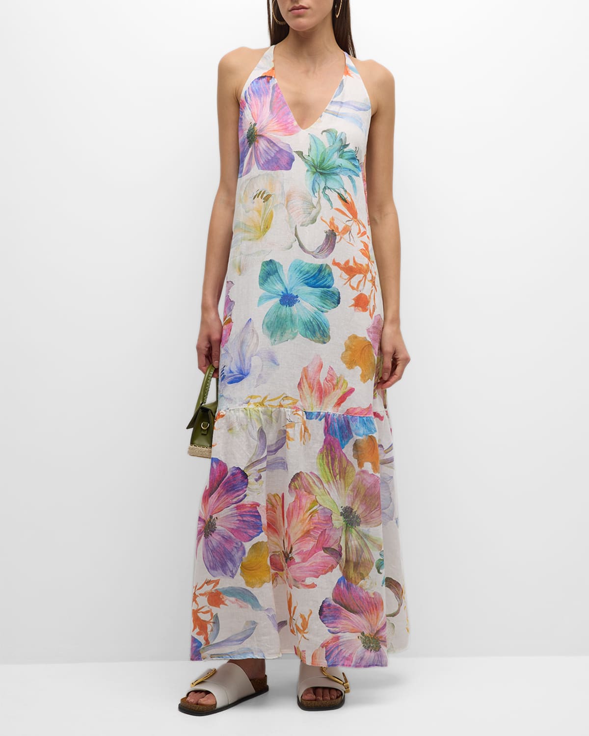 Shop 120% Lino Sleeveless Floral-print Linen Halter Maxi Dress In Maxi Floral