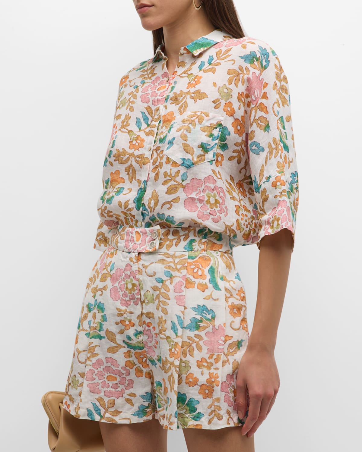 120% Lino Floral-print Button-down Linen Shirt In Desert Flower