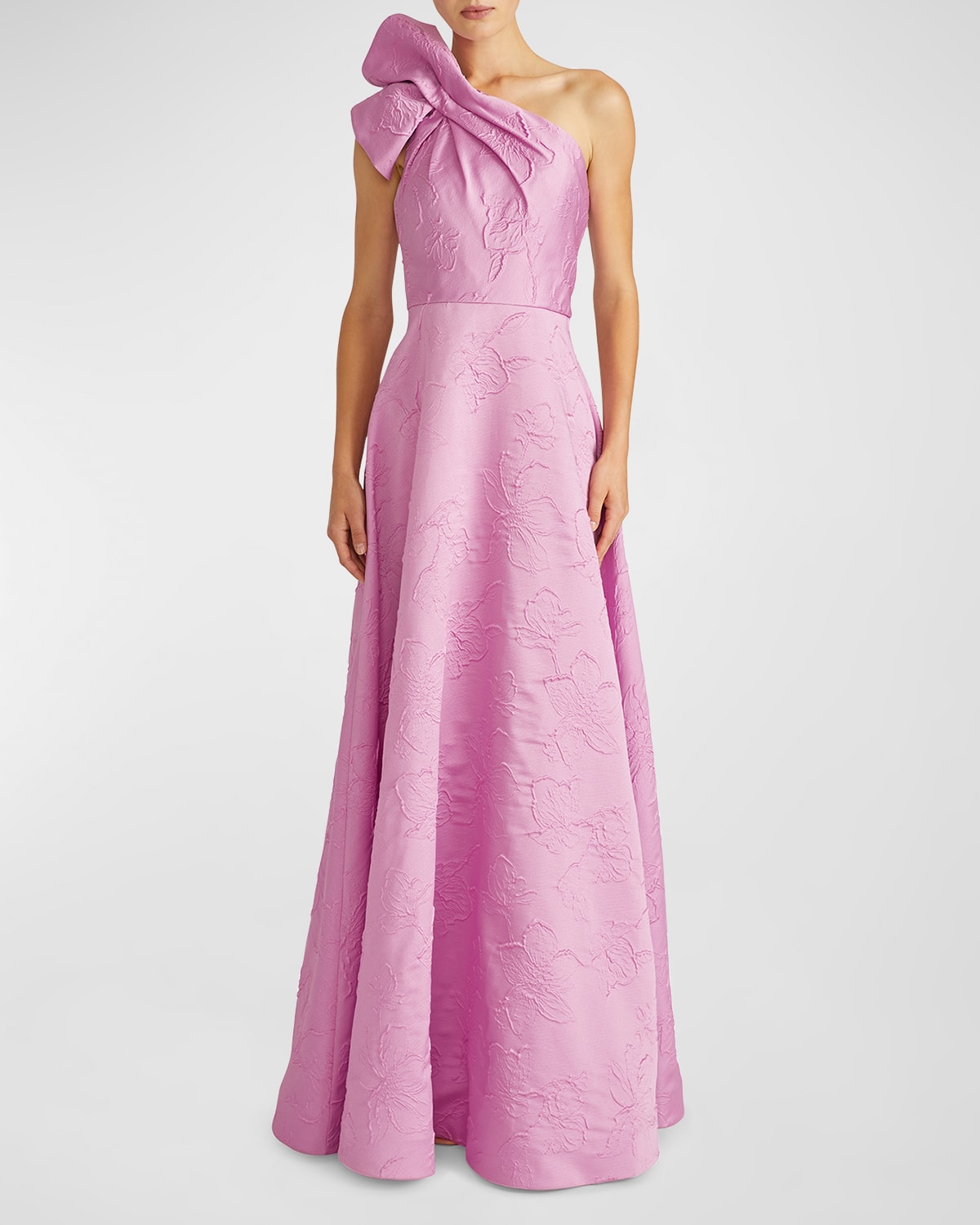 ml Monique Lhuillier Amira One-shoulder Floral Jacquard Ruffle Gown In Soft Orchid