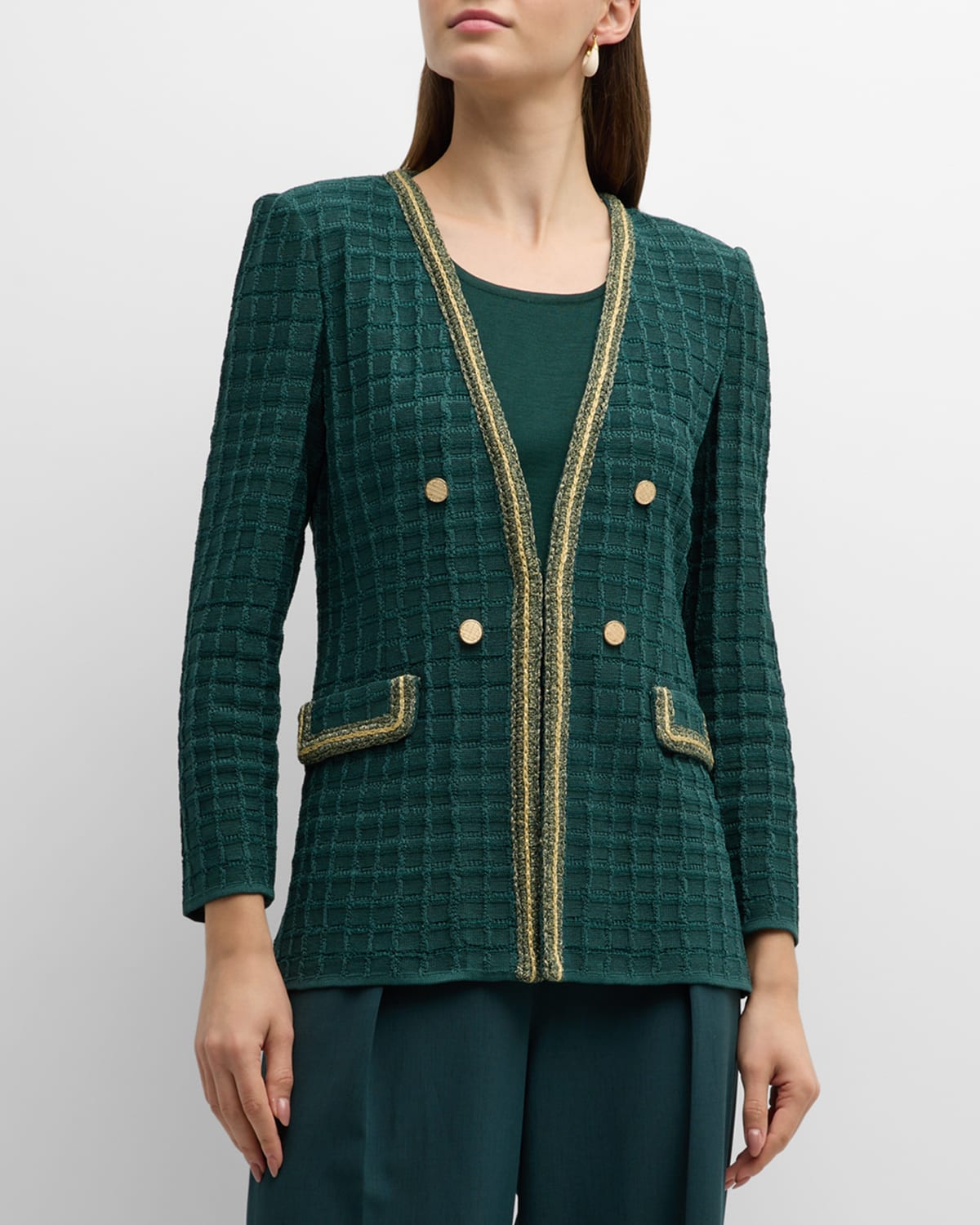 Tailored Intarsia Knit Button-Front Jacket